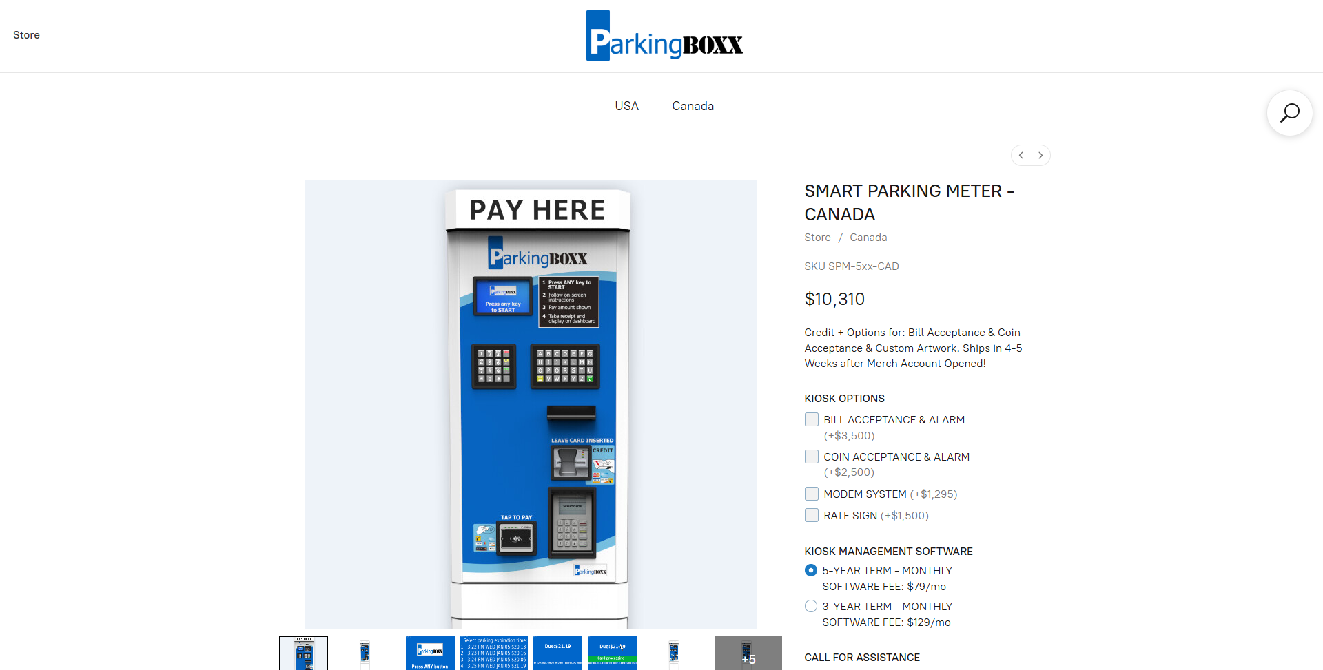 Parking BOXX Canada store listing showing $10,310 CAD unit price